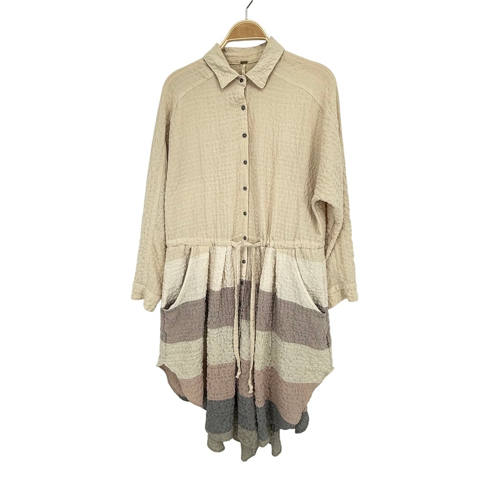 Free People Tunic Dress Womens Small Beige Colorblock Stripe Crinkle Boho Mini